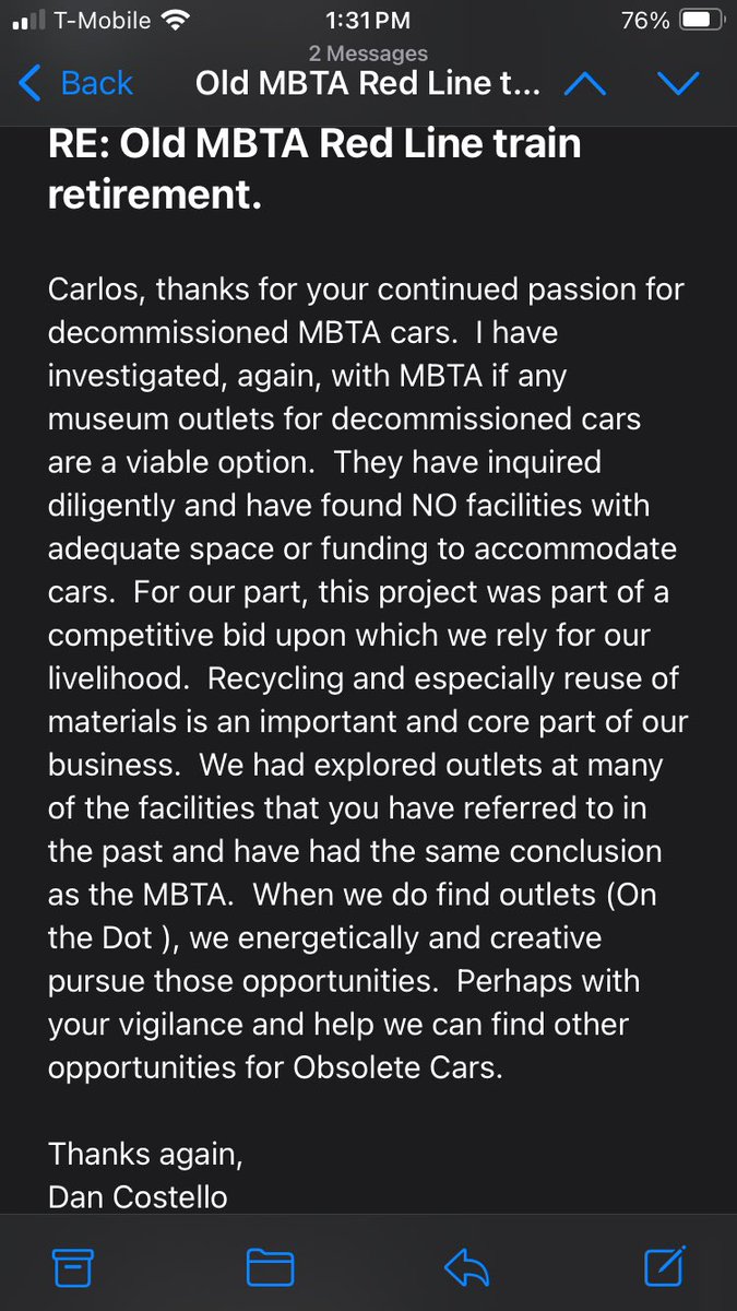 A message from the president of <a href="/Costello_demo/">Costello Dismantling Co., Inc.</a>, when I kindly asked him that if he wants to help me out, he can start off by not decommissioning every single pair of an old <a href="/MBTA/">MBTA</a> Red Line train that’s been permanently retired from service.