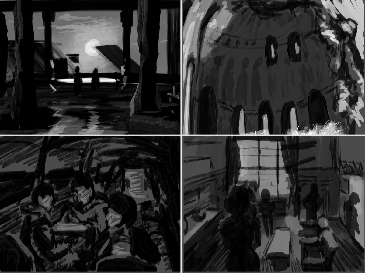 Continuing the tradition with a colleague to draw sketches every week. This time 10-minute sketches of backgrounds in black and white.