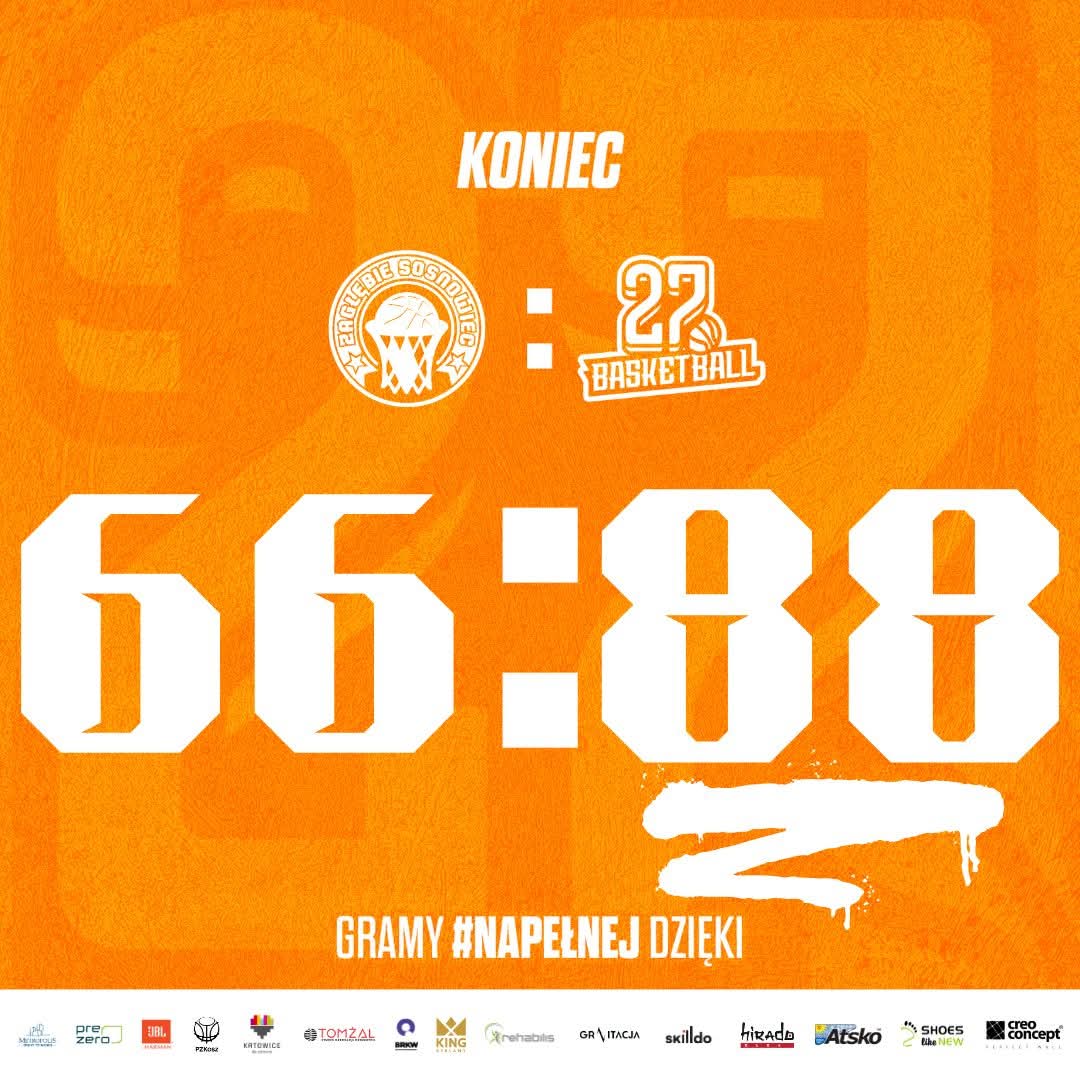 27Katowice's tweet photo. 𝗦𝗢𝗦𝗡𝗢𝗪𝗜𝗘𝗖 𝗣𝗢𝗗𝗕𝗜𝗧𝗬 🎯 

Pokonujemy KKS Zagłębie Sosnowiec w ich hali 

𝗕𝗿𝗮𝘄𝗼 𝗣𝗮𝗻𝗼𝘄𝗶𝗲 👏🏼

Dziękujemy Wam za mocne wsparcie ✊🏼 Trybuny były nasze 🧡 #rodzina27 

❗To teraz widzimy się w środę na domowym meczu 🆚 ZKS "Stal" Stalowa Wola 🏠🏀 https://t.co/BIc8cPASzo
