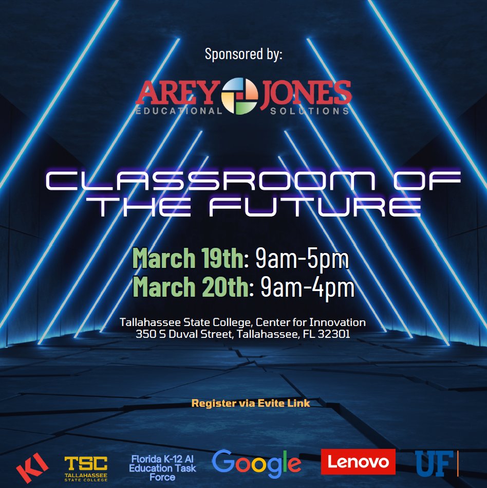 JenWomble's tweet photo. Proud to be speaking at this groundbreaking event this week! Join us for the Florida #AI Classroom of the Future Event scheduled for March 19-20, 2025 at the TSC Center for Innovation Downtown. This is a premier two-day event designed to showcase the transformative impact of artificial intelligence in learning. This event presents a unique opportunity for Florida to position itself as a leader in AI-driven education innovation while engaging with key industry and academic stakeholders.
To register, please click here on the Eventbrite link: https://t.co/A3ua6F4ET7
Sponsored by Arey Jones Educational Solutions and in partnership with Google For Education, Tallahassee State College, the Florida K-12 AI Education Task Force, the University of Florida, KI FURNITURE, TouchView Interactive and Lenovo Education, Lenovo , this event will bring together key stakeholders, including Kโcollege educators, technology leaders, and policymakers, to explore the future of AI-powered education.
#Edleaders #ArtificialIntelligence #FutureofEducation Future of Education Technology Conference. #FETC @FETC @DA_magazine @DA_Leadership