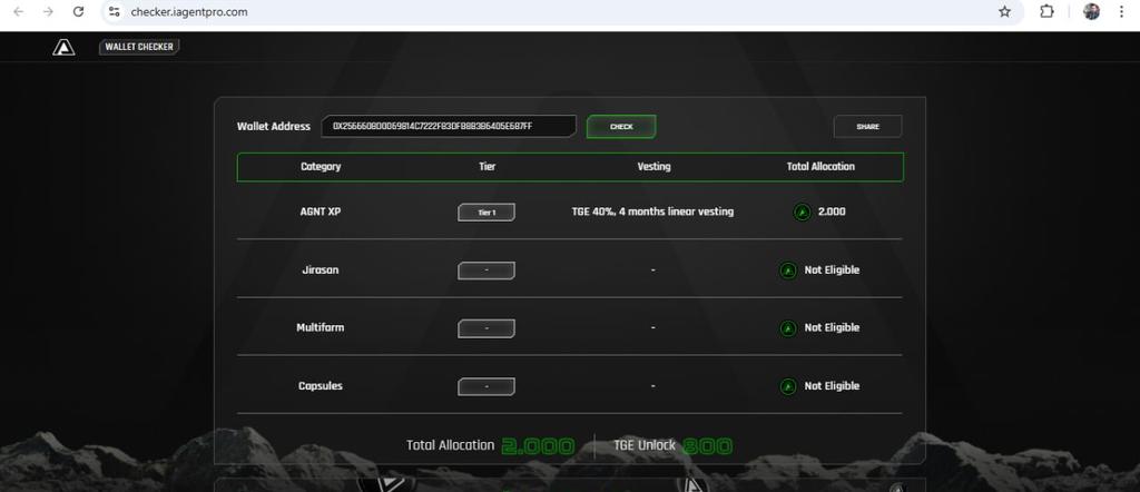 AGNT CHECKER GELDİ 🪂

Airdrop işlemlerini yaptığımız $AGNT projesinin airdrop sonuçları açıklandı.

Bağlantıdan cüzdanınızı yapıştırarak,hak ettiğiniz ödüllerinize bakabilirsiniz.

Bana 2.000 adet vermiş. Vesting  TGE %40

Kaç adet aldığınızı yorumlara atalım