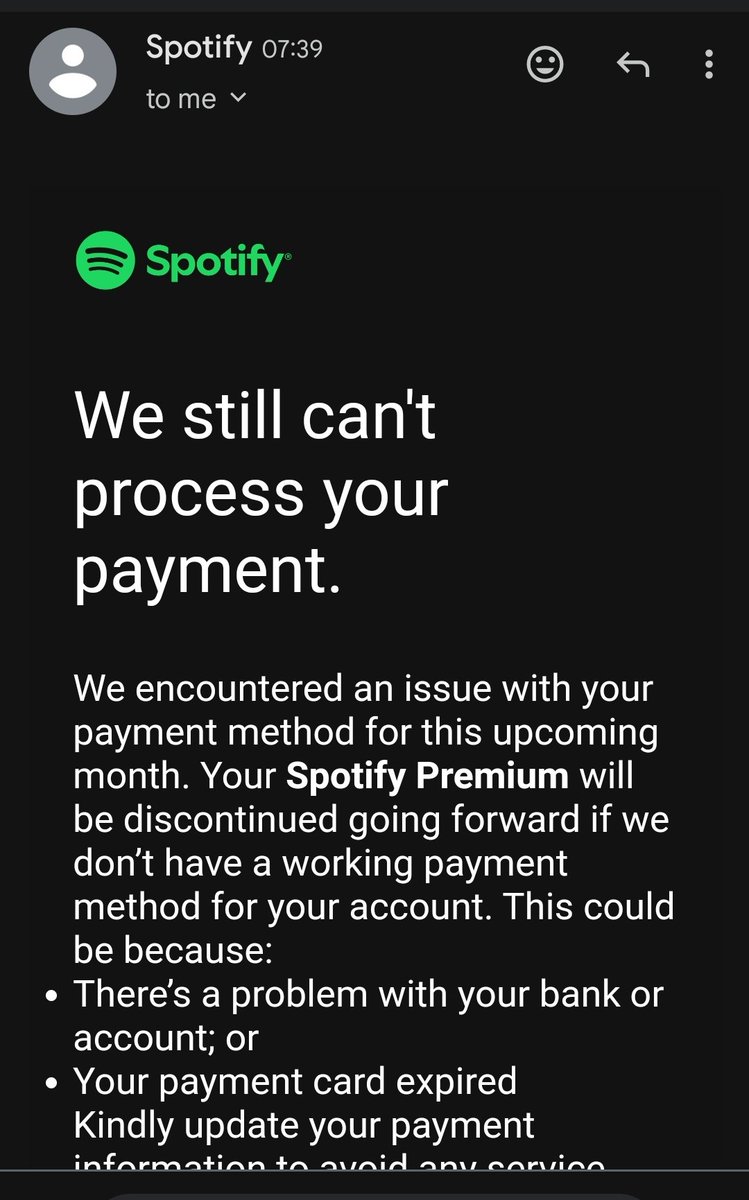 P_LOCA's tweet photo. Hey @Spotify @SpotifyUSA is this some kind of scam? I have automatic payment with you guys and all of a sudden there's an issue? Please look into it. https://t.co/tu03MSyy4n