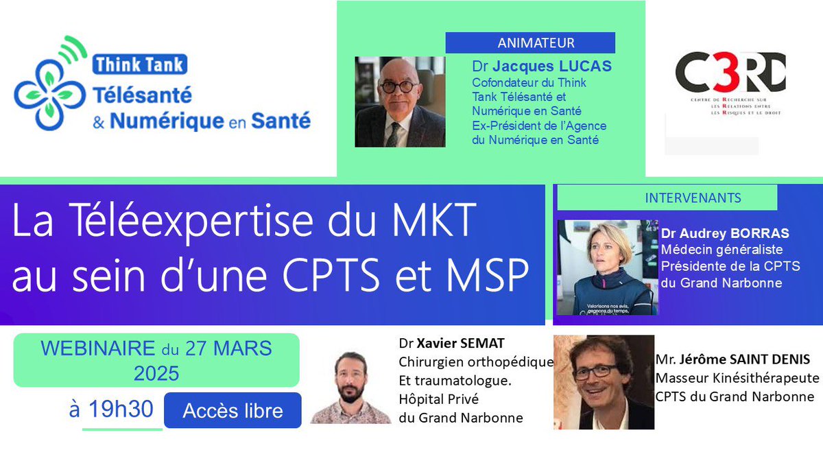 pierresimon22's tweet image. J-1️⃣0️⃣ pour le #webinaire du 27 mars 2025 à 19h30. Organisé par le #ThinkTank #Telesante et #SanteNumerique il traitera de la #Teleexpertise du #Kinesitherapeute (#MKT). #Acces #libre  à partir de 19h30 le 27 mars par le lien zoom 👉 lnkd.in/gWtiVTSu
Code secret : j5CiJq