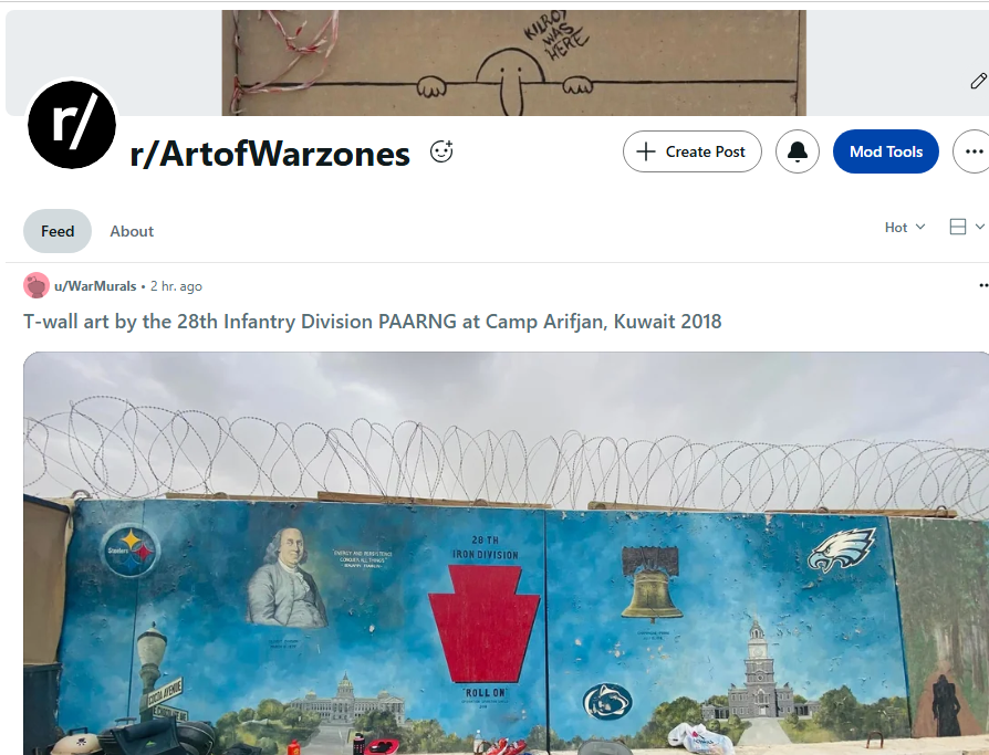 If any of you are redditors, I created an ArtofWarzones subreddit- hope you join/ follow.

If it's on a military vehicle, helmet, blast wall, war bird, or trench, we'd love to see it.

reddit.com/r/ArtofWarzone…