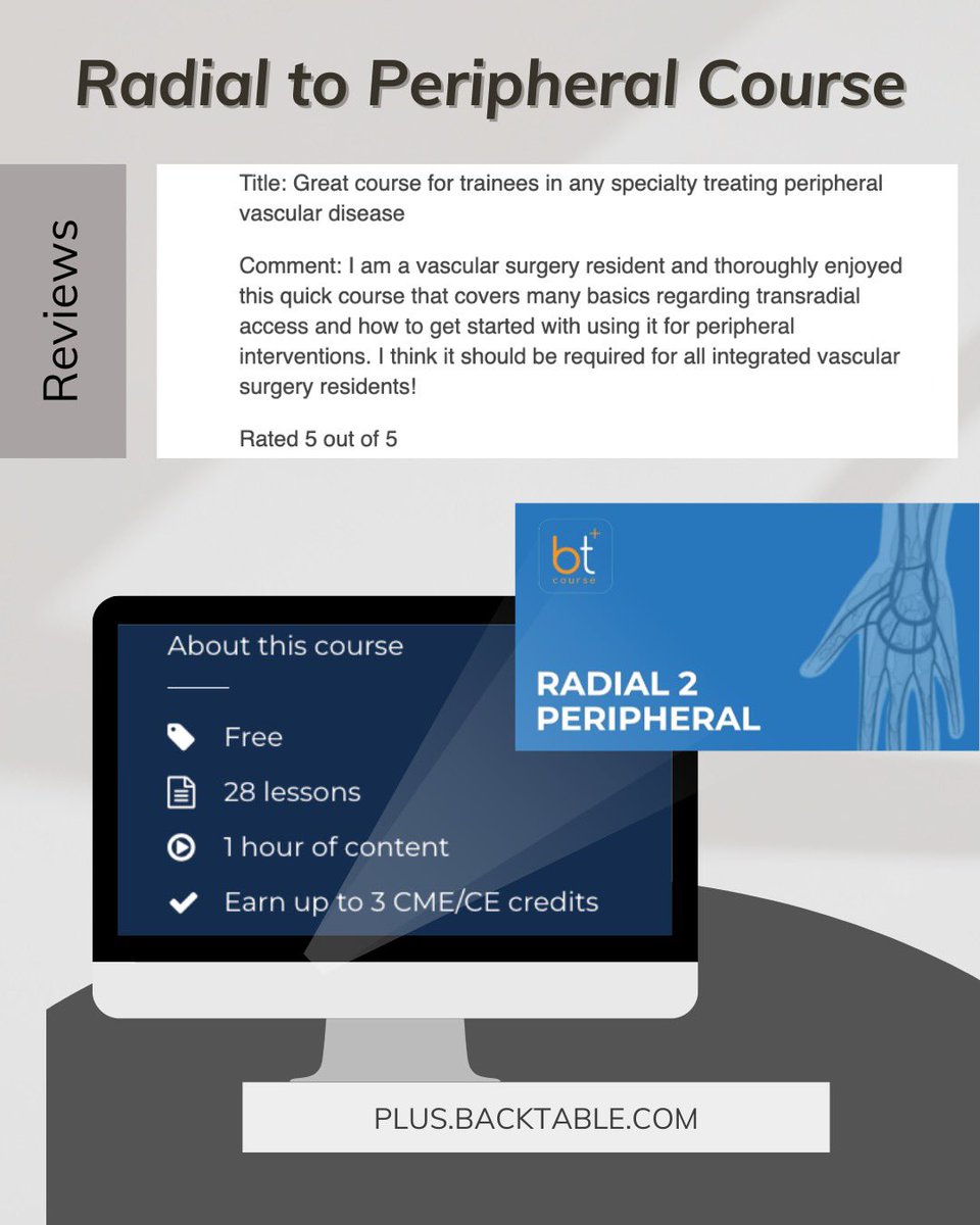 We’re glad to know that our Radial to Peripheral (R2P) online course has been helpful for trainees! Check it out today and start tracking your progress, free of charge- plus.backtable.com/courses/radial…

#MedEd #PeripheralArterialDisease #CLTI #RadialAccess #Endovascular #MinimallyInvasive