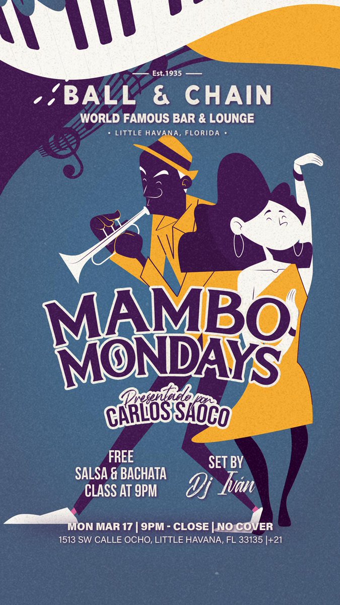 BallAndChainBar's tweet photo. TODAY: #LiveMusic NOW to 6 p.m., #HappyHour 4 to 7, #LiveJazz 6 to 9, then #MamboMonday with DJ Ivan + a FREE #SalsaClass &amp; #BachataClass, 9

TOMORROW: #Bachatuesday includes @DJJorgeCharun + a FREE #BachataLesson

#supportlocal https://t.co/kBdwIKSopr
🍍💚 https://t.co/7RZYwhC5Hm