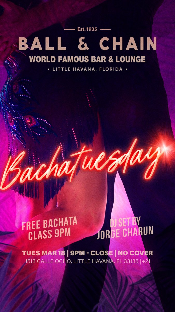 BallAndChainBar's tweet photo. TODAY: #LiveMusic NOW to 6 p.m., #HappyHour 4 to 7, #LiveJazz 6 to 9, then #MamboMonday with DJ Ivan + a FREE #SalsaClass &amp; #BachataClass, 9

TOMORROW: #Bachatuesday includes @DJJorgeCharun + a FREE #BachataLesson

#supportlocal https://t.co/kBdwIKSopr
🍍💚 https://t.co/7RZYwhC5Hm