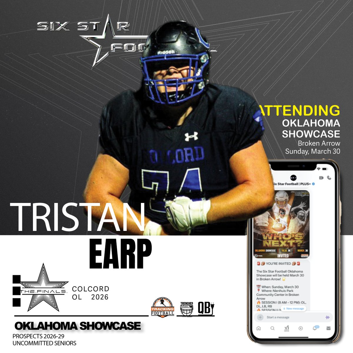 Six Star Football | OKLAHOMA (@6starfootballok) on Twitter photo OKLAHOMA SHOWCASE | Tristan Earp
6’1, 324 | OL | 2026 | Colcord (OK) | <a href="/earptristan69/">Tristan Earp</a>
⭐ Rising prospect Tristan Earp will be attending the Oklahoma Showcase!
📆March 30
📍Broken Arrow
REGISTER/INFO sixstarfootball.com/six-star-footb… OKLAHOMA SHOWCASE | Tristan Earp
6’1, 324 | OL | 2026 | Colcord (OK) | <a href="/earptristan69/">Tristan Earp</a>
⭐ Rising prospect Tristan Earp will be attending the Oklahoma Showcase!
📆March 30
📍Broken Arrow
REGISTER/INFO sixstarfootball.com/six-star-footb…