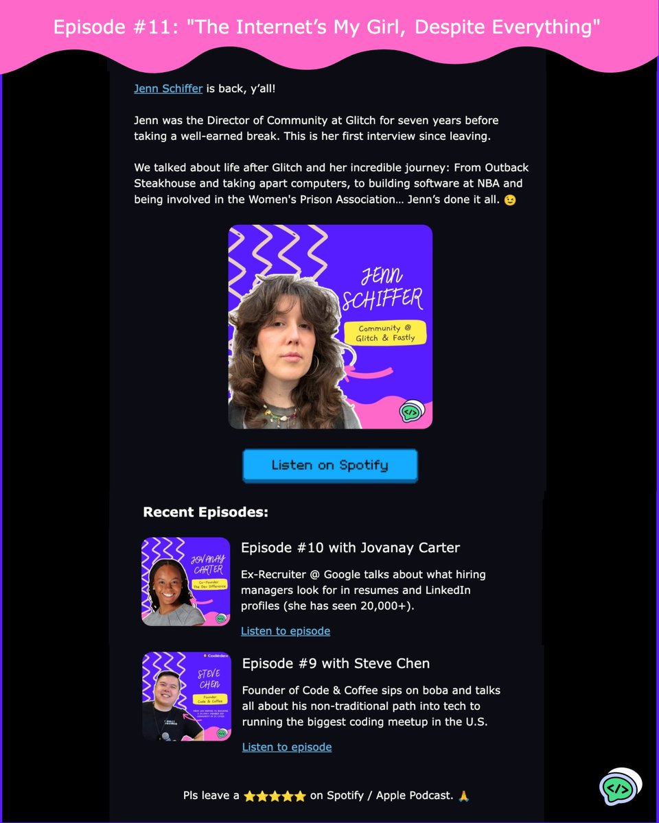 boba_talk's tweet photo. The past three episodes were all bangers. 🧋🎧

#11: Jenn Schiffer (Ex-Community @ Glitch)
#10: Jovanay Carter (Ex-Google Recruiter)
#9: Steve Chen (Founder @ Code &amp; Coffee)

https://t.co/NSiRd40pLO https://t.co/vvF6wHxZMm