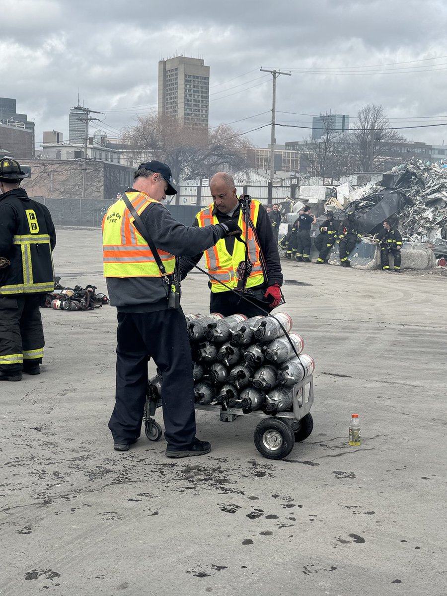 BostonFire's tweet photo. 6 hours into the 8 alarm fire on Gerard st. , as companies have gone through multiple air tanks and are using foam to help extinguish the fire. https://t.co/EbR17kSGI6