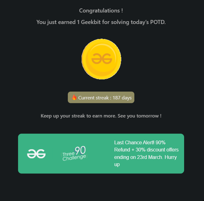 rishavkr206's tweet photo. Day 187✅
@geeksforgeeks
"GfG 160"-160 Days of Problem Solving (Day 122)
#geekstreak2024 #gfg160
Problem = Minimum Jumps
#gfg160 #100daysofcodechallenge #dsa #CodingChallenge #probemSolving #100DaysOfCode #100dayschallenge #WorkHard https://t.co/IuC25FFSez