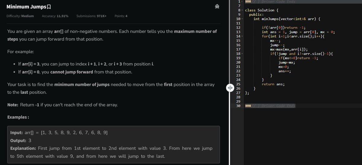 rishavkr206's tweet photo. Day 187✅
@geeksforgeeks
"GfG 160"-160 Days of Problem Solving (Day 122)
#geekstreak2024 #gfg160
Problem = Minimum Jumps
#gfg160 #100daysofcodechallenge #dsa #CodingChallenge #probemSolving #100DaysOfCode #100dayschallenge #WorkHard https://t.co/IuC25FFSez