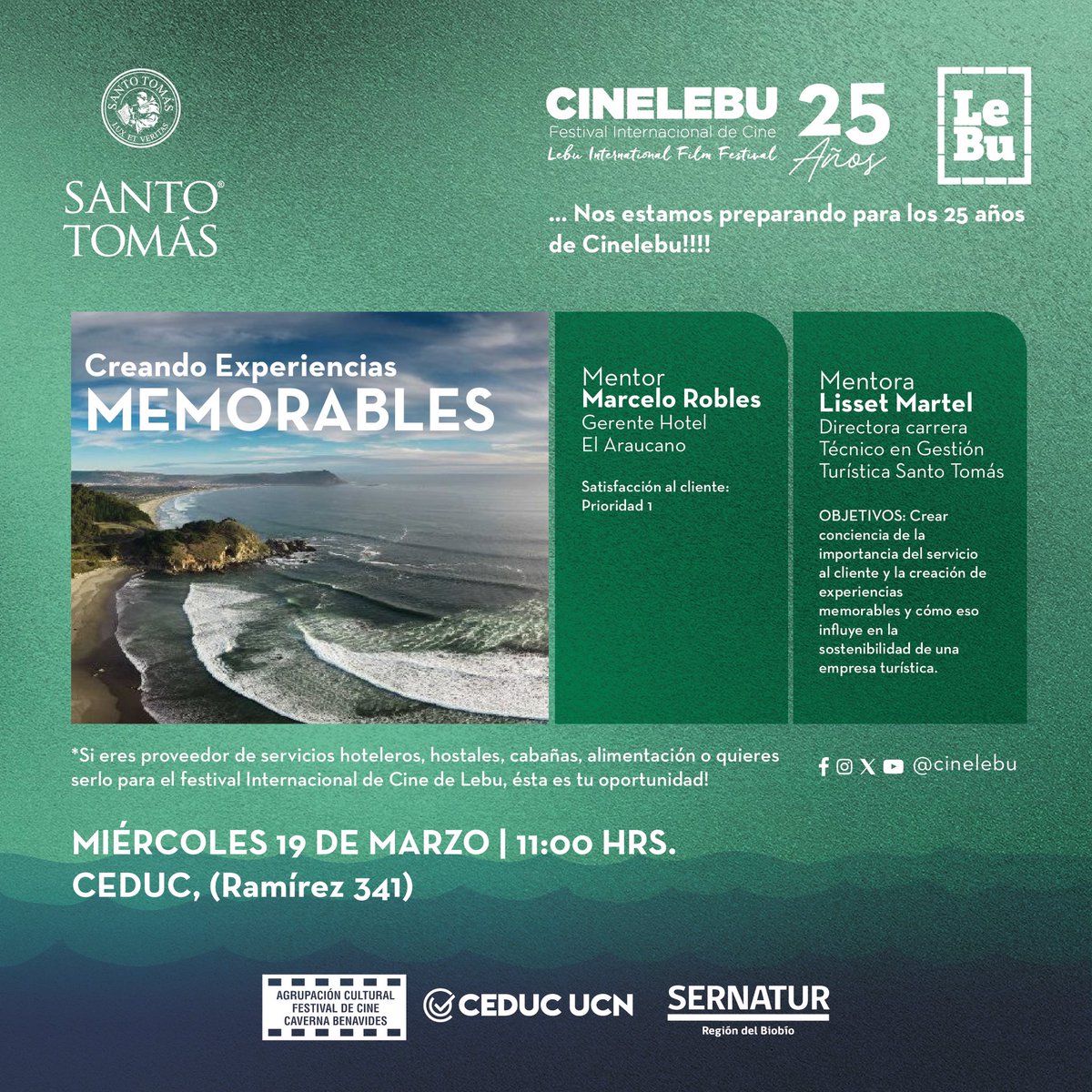 ¡ATENCIÓN LEBU! Si tienes un emprendimiento de servicio de hotelería, hostales, cabañas, o tienes una habitación que te gustaría arrendar durante los días del Festival, o algún servicio de alimentación en Lebu, esta invitación es para ti.

Miércoles 19 de marzo a las 11:00 am.