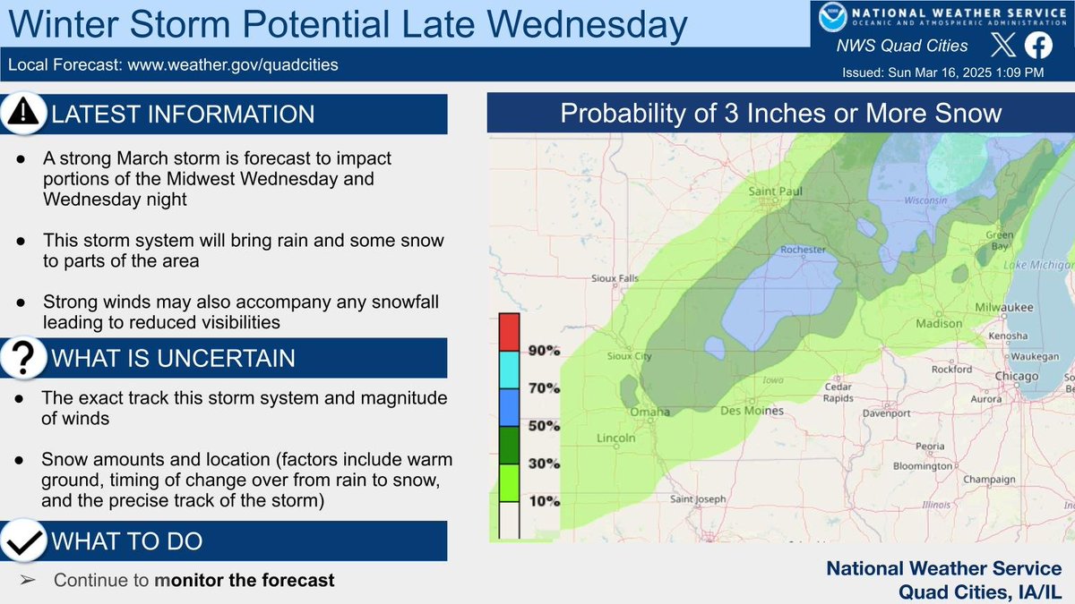 NWSQuadCities's tweet photo. Another strong March storm system remains on track to bring rain, wind, and some snow to the region Wed and Wed night.  Temps will quickly drop below freezing Wednesday night changing all precipitation to snow from west to east. https://t.co/vj8VWwQPbc