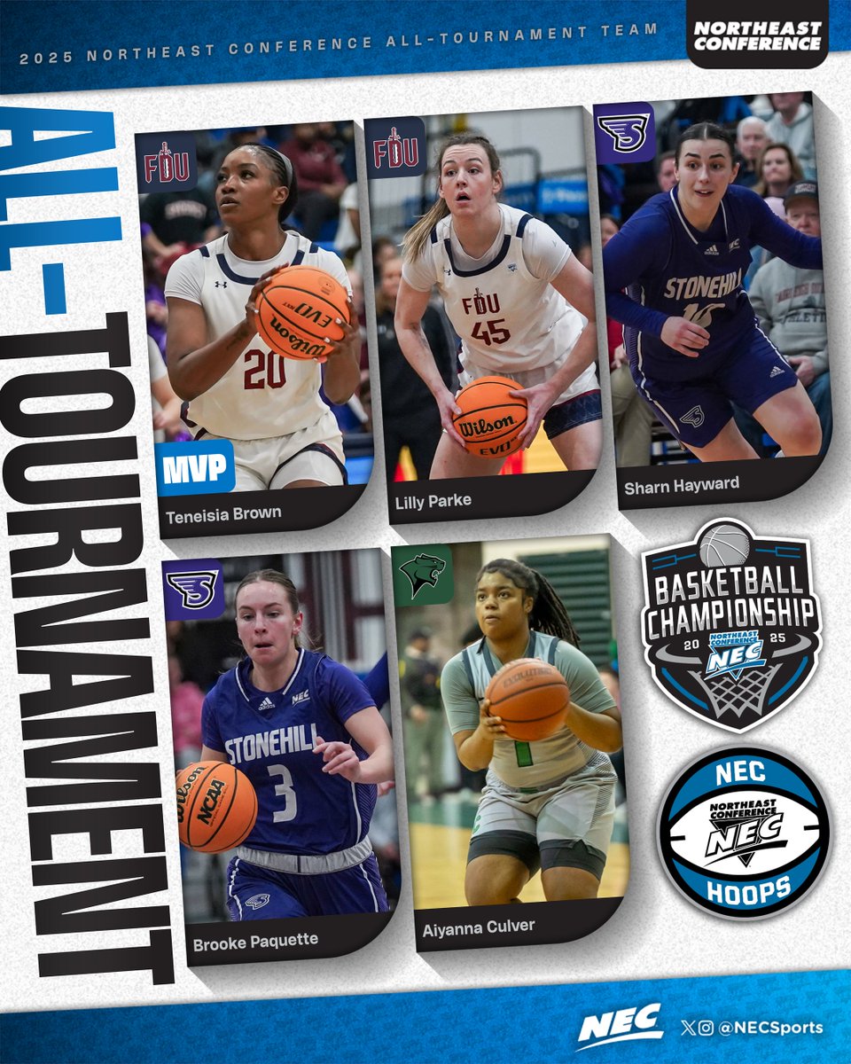 Northeast Conference (@nechoops) on Twitter photo 🏀🏅 𝗧𝗵𝗲 𝟮𝟬𝟮𝟱 #𝗡𝗘𝗖𝗪𝗕𝗕 𝗔𝗹𝗹-𝗧𝗼𝘂𝗿𝗻𝗮𝗺𝗲𝗻𝘁 𝗧𝗲𝗮𝗺
🏆 𝗠𝗩𝗣: Teneisia Brown, <a href="/FDUKnightsWBB/">FDU Women's Basketball</a>
▫️ Lilly Parke, <a href="/FDUKnightsWBB/">FDU Women's Basketball</a>
▫️ Sharn Hayward, <a href="/StonehillWBB/">Stonehill Women’s Basketball</a>
▫️ Brooke Paquette, <a href="/StonehillWBB/">Stonehill Women’s Basketball</a>
▫️ Aiyanna Culver, <a href="/ChiStateWBB/">Chicago State University Women's Basketball</a>
#NEC25 x #NEChoops 🏀🏅 𝗧𝗵𝗲 𝟮𝟬𝟮𝟱 #𝗡𝗘𝗖𝗪𝗕𝗕 𝗔𝗹𝗹-𝗧𝗼𝘂𝗿𝗻𝗮𝗺𝗲𝗻𝘁 𝗧𝗲𝗮𝗺
🏆 𝗠𝗩𝗣: Teneisia Brown, <a href="/FDUKnightsWBB/">FDU Women's Basketball</a>
▫️ Lilly Parke, <a href="/FDUKnightsWBB/">FDU Women's Basketball</a>
▫️ Sharn Hayward, <a href="/StonehillWBB/">Stonehill Women’s Basketball</a>
▫️ Brooke Paquette, <a href="/StonehillWBB/">Stonehill Women’s Basketball</a>
▫️ Aiyanna Culver, <a href="/ChiStateWBB/">Chicago State University Women's Basketball</a>
#NEC25 x #NEChoops