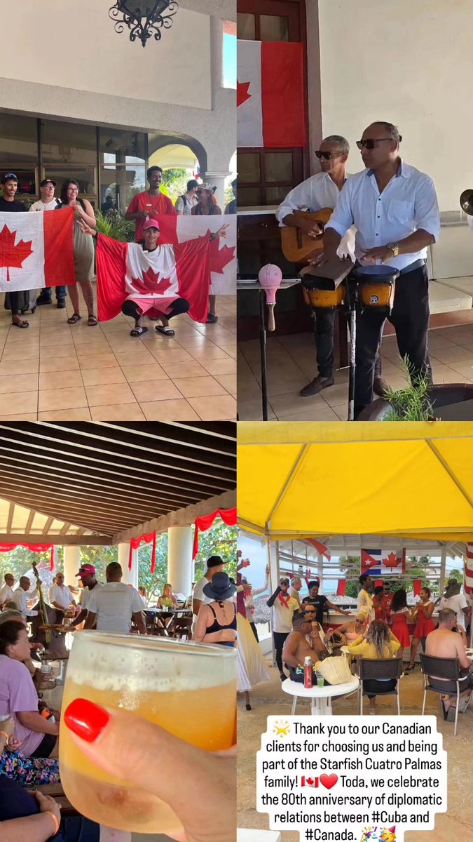 🌟 ¡Gracias a nuestros clientes canadienses por elegirnos y formar parte de la familia <a href="/Hotel4Palmas_/">Hotel Cuatro Palmas</a> 🇨🇦❤️ Hoy celebramos el 80 aniversario del establecimiento de relaciones diplomáticas entre #Cuba y #Canada. 🎉🥳
#GranCaribe
#Varadero #CubaUnica