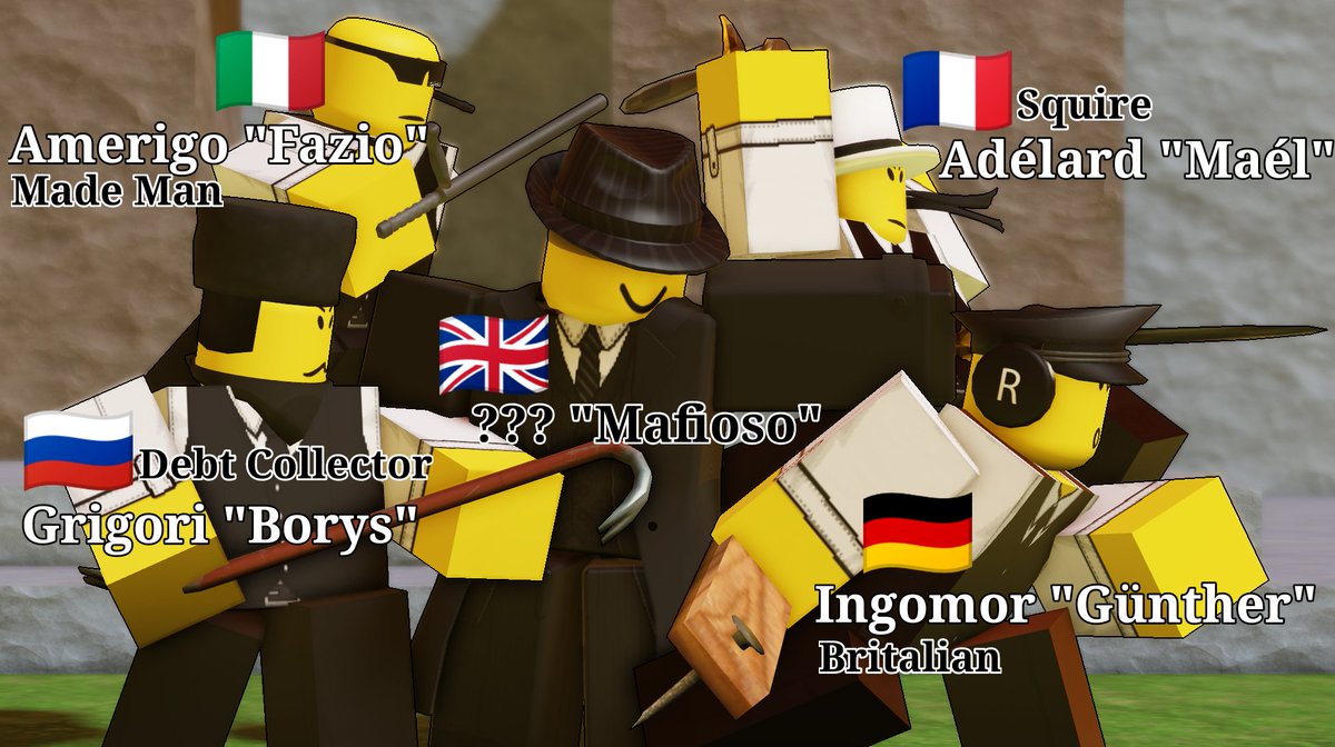YY_sssimp's tweet photo. I hc each member is not really british, only Mafioso is—
So we have Italian, Russian, French, and German!

And yes, I gave the henchmen their FIRST names then their "nicknames"
All of which were taken from their actual language/local names in each country https://t.co/pxo3w0AVxN