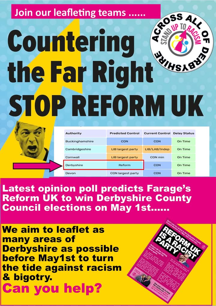 NoRacism_Chezza's tweet photo. Poll predicts ReformUK to win in Derbyshire. We aim to stop them. Donate to our campaign fund to get our flyers exposing Reform UK through letters boxes across #Derbyshire
Use this link to donate 
https://t.co/HsLWzmuhAz

#noracism #Stopthehate https://t.co/QjwZlOLbtD
