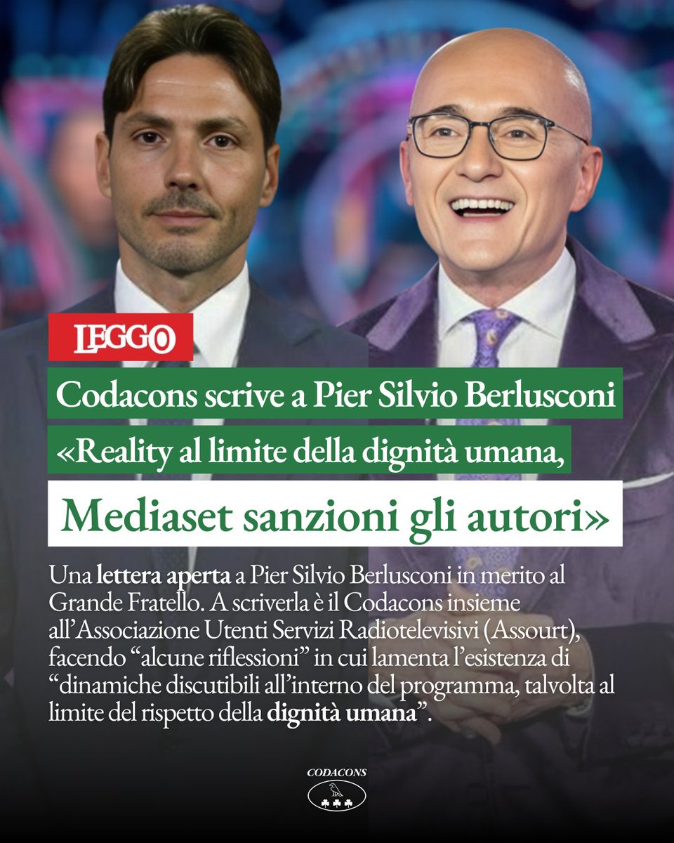 Codacons's tweet photo. Per il #GrandeFratello "situazioni di dubbia qualitΓ culturale e comportamenti che lederebbero quei principi di rispetto e correttezza che un servizio televisivo dovrebbe garantire ai telespettatori".
ποΈ @leggoit
π https://t.co/5OOD5wMG4t https://t.co/pMGODjt5RM