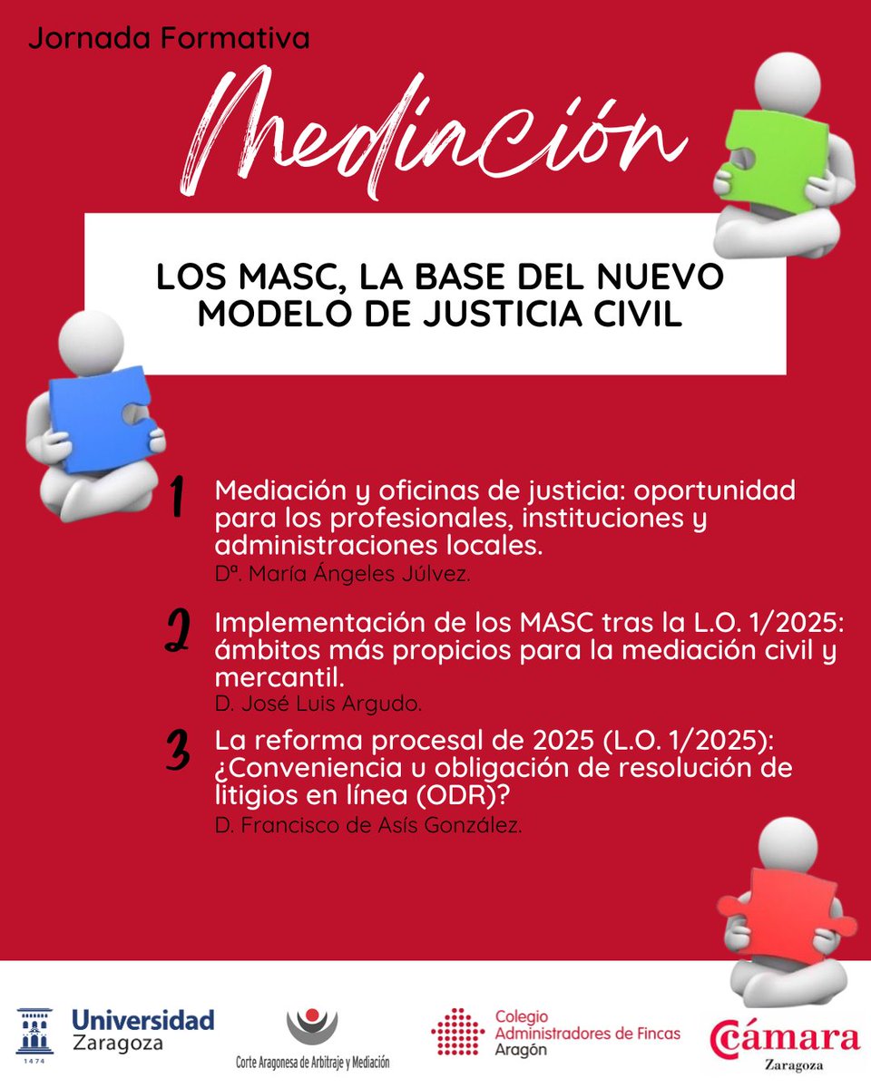 cafaragon's tweet photo. 📢Jornada formativa "Los MASC, la base del nuevo modelo de justicia civil".
🗓️Viernes, 21 de marzo. 
🏢Cámara de Comercio de Zaragoza. 
⏰11h.
*Gratuita.
Entrega de certificado acreditativo de prácticas de formación en #mediación.
Inscripciones: info@cortearagonesadearbitraje.com https://t.co/fQmVu9QFTt