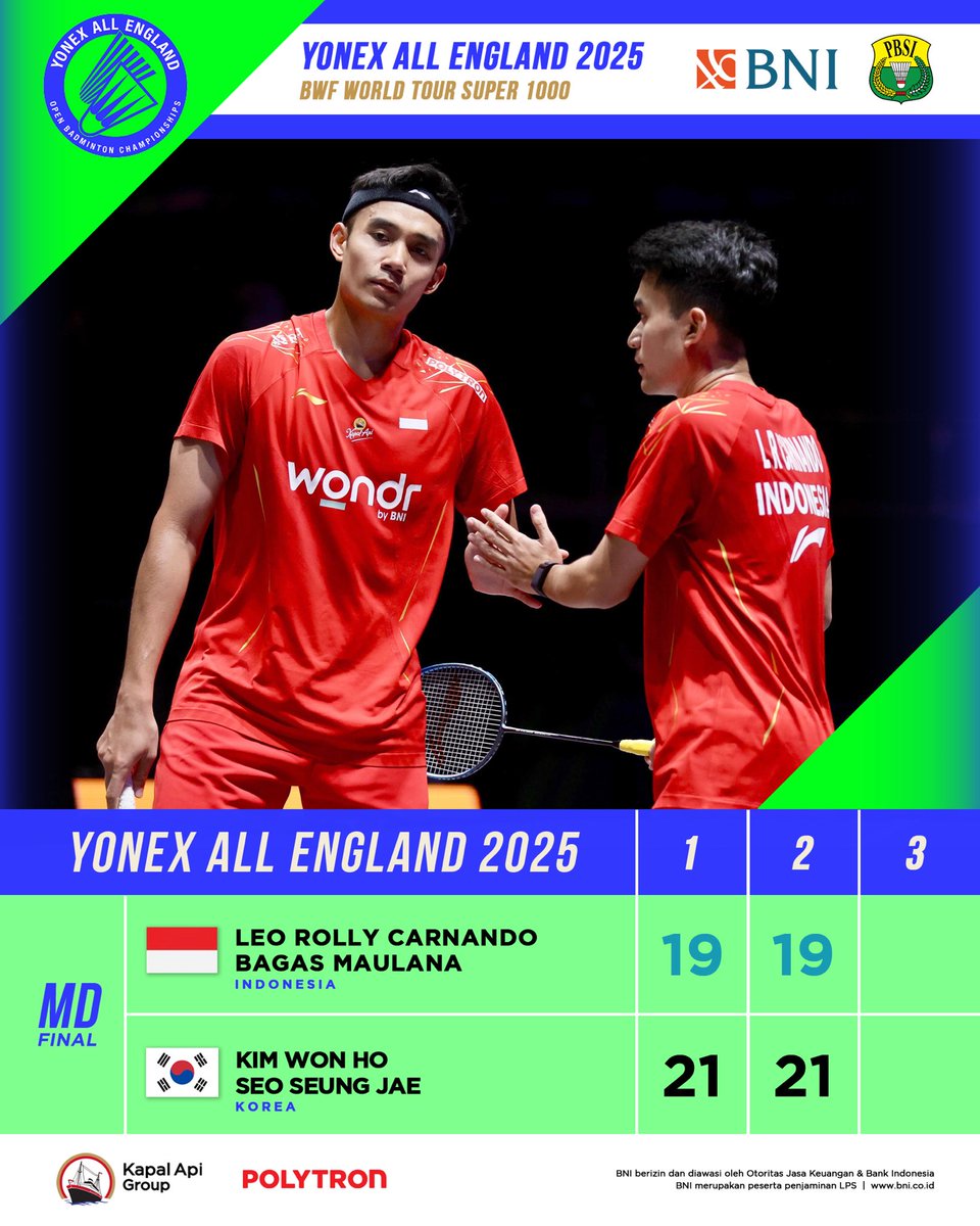 INABadminton's tweet photo. Bukan hasil terbaik tapi Leo/Bagas sudah mengusahakan yang terbaik.

Terima kasih telah berjuang dan tetap semangat! 💪🏻🏸🇮🇩

#BadmintonIndonesia #AllEngland2025 https://t.co/uxMIJhx5nj