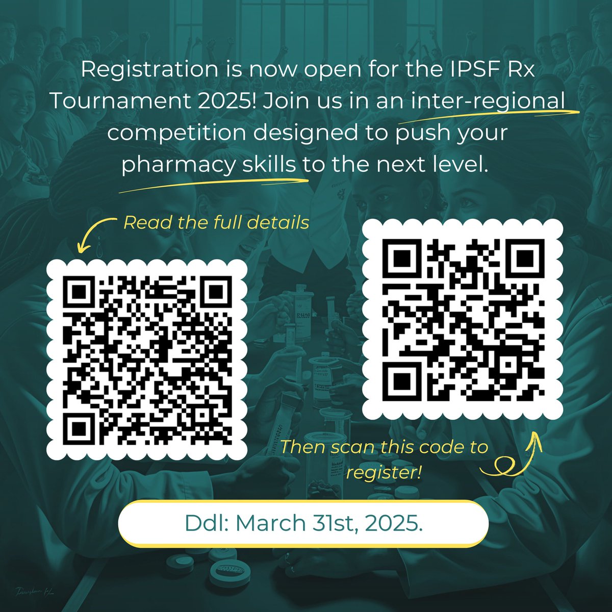 📣 Registration is now open for the 𝐈𝐏𝐒𝐅 𝐑𝐱 𝐓𝐨𝐮𝐫𝐧𝐚𝐦𝐞𝐧𝐭 𝟐𝟎𝟐𝟓! 🏆 Join us in an inter-regional competition designed to push your pharmacy skills to the next level. 💊

Let the games begin! 🎉