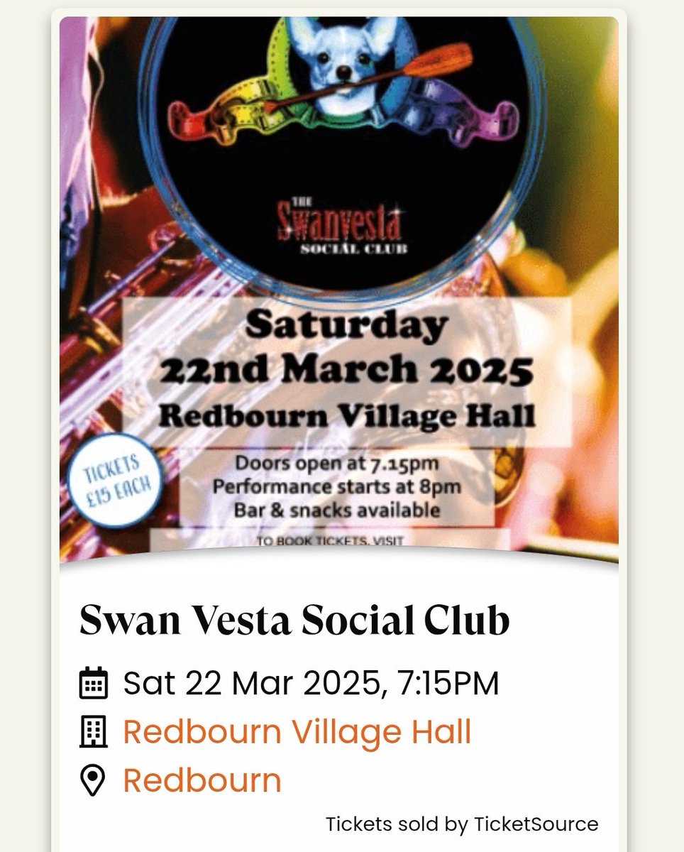 <a href="/SwanvestaSC/">Swanvesta SocialClub</a> are delighted to be back in lovely #redbourn next week at the beautiful village hall. Tickets from <a href="/TicketSource/">TicketSource</a> - last time we had a real party even better next Saturday #livemusic anglo #Cuban