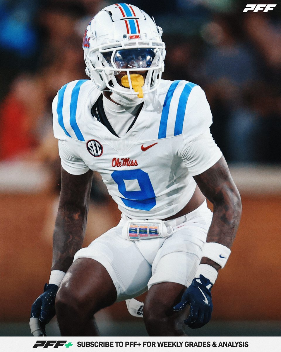 PFF_College's tweet photo. Ole Miss Cornerback Trey Amos Last Season:

🔵 51% Allowed Completion Rate
🔵 3 INTs | 10 PBUs
🔵 54.5 Passer Rating Allowed
🔵 85.6 Coverage Grade

@OleMissFB https://t.co/PbNejOvVuL