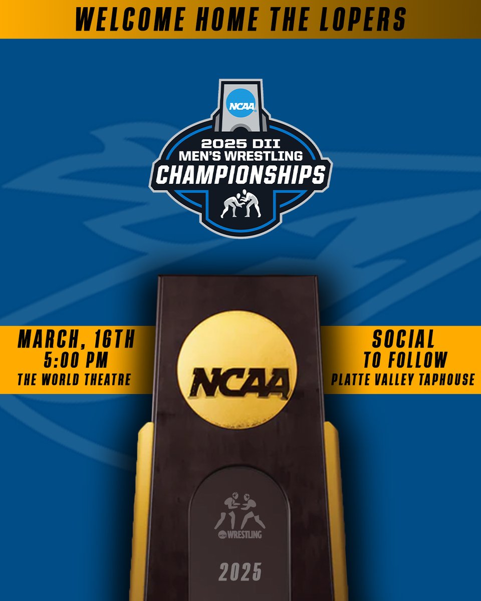 We are returning from Indy with the National Championship trophy in hand! Join us at the World Theatre at 5 PM for a reception &amp; then head to Platte Valley Taphouse for a social. There will be a police &amp; fire escort as we pull into town &amp; make our way to the World Theatre