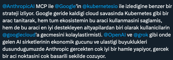 eserxp's tweet photo. MCP ile ilgili threadi yazarken su kisim uzerine tiklanmadikca gorulmeyecek sekilde arada kalmis. Bence onemli bir nokta hem buyuk sirketlerin urun stratejilerini anlamak icin hem de MCP ile benzer teknolojik urunler arasinda bir benzerlik kurmak icin. Ekren goruntusu olarak yeniden paylasiyorum.
