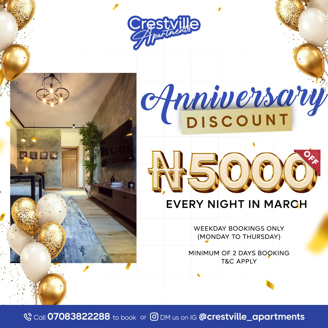 <a href="/FinPlanKaluAja1/">Kalu Aja</a> Celebrate Crestville Apartments’ 2nd Anniversary with a Special Discount! 

As a token of our appreciation, we’re offering an exclusive anniversary discount 
₦5,000 off per night

Valid for weekday bookings only

Minimum stay: 2 nights

Applicable to March bookings only