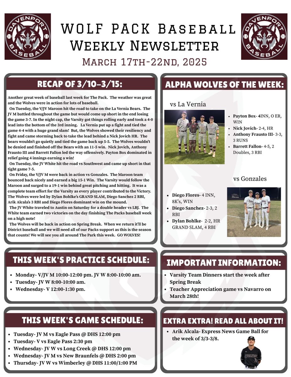 Davenport Baseball (@bsbldavenport) on Twitter photo Wolf Pack Baseball Weekly Newsletter. Week of 3-17. GO WOLVES! <a href="/BuildThePack/">BuildThePack</a> <a href="/DavenportWolves/">DHS Wolves Athletics</a> <a href="/cisdnews/">Comal ISD</a> <a href="/DrChapmanCISD/">Dr. John E. Chapman III - Comal ISD Superintendent</a> <a href="/BMar1842/">Brian Martinez</a> <a href="/jdzimmerhanzel/">JD Zimmerhanzel</a> <a href="/taylour_to5o/">Taylour Toso</a> <a href="/dhs_looney/">Angela Looney</a> <a href="/jeffstracener/">Jeff Stracener</a> <a href="/MeLoPappas/">Meredith Pappas</a> <a href="/KristinLeihsin1/">Kristin Leihsing</a> <a href="/GoingAllday/">Forrestt Allday</a> <a href="/ReddingWeston/">Coach Redding</a> Wolf Pack Baseball Weekly Newsletter. Week of 3-17. GO WOLVES! <a href="/BuildThePack/">BuildThePack</a> <a href="/DavenportWolves/">DHS Wolves Athletics</a> <a href="/cisdnews/">Comal ISD</a> <a href="/DrChapmanCISD/">Dr. John E. Chapman III - Comal ISD Superintendent</a> <a href="/BMar1842/">Brian Martinez</a> <a href="/jdzimmerhanzel/">JD Zimmerhanzel</a> <a href="/taylour_to5o/">Taylour Toso</a> <a href="/dhs_looney/">Angela Looney</a> <a href="/jeffstracener/">Jeff Stracener</a> <a href="/MeLoPappas/">Meredith Pappas</a> <a href="/KristinLeihsin1/">Kristin Leihsing</a> <a href="/GoingAllday/">Forrestt Allday</a> <a href="/ReddingWeston/">Coach Redding</a>