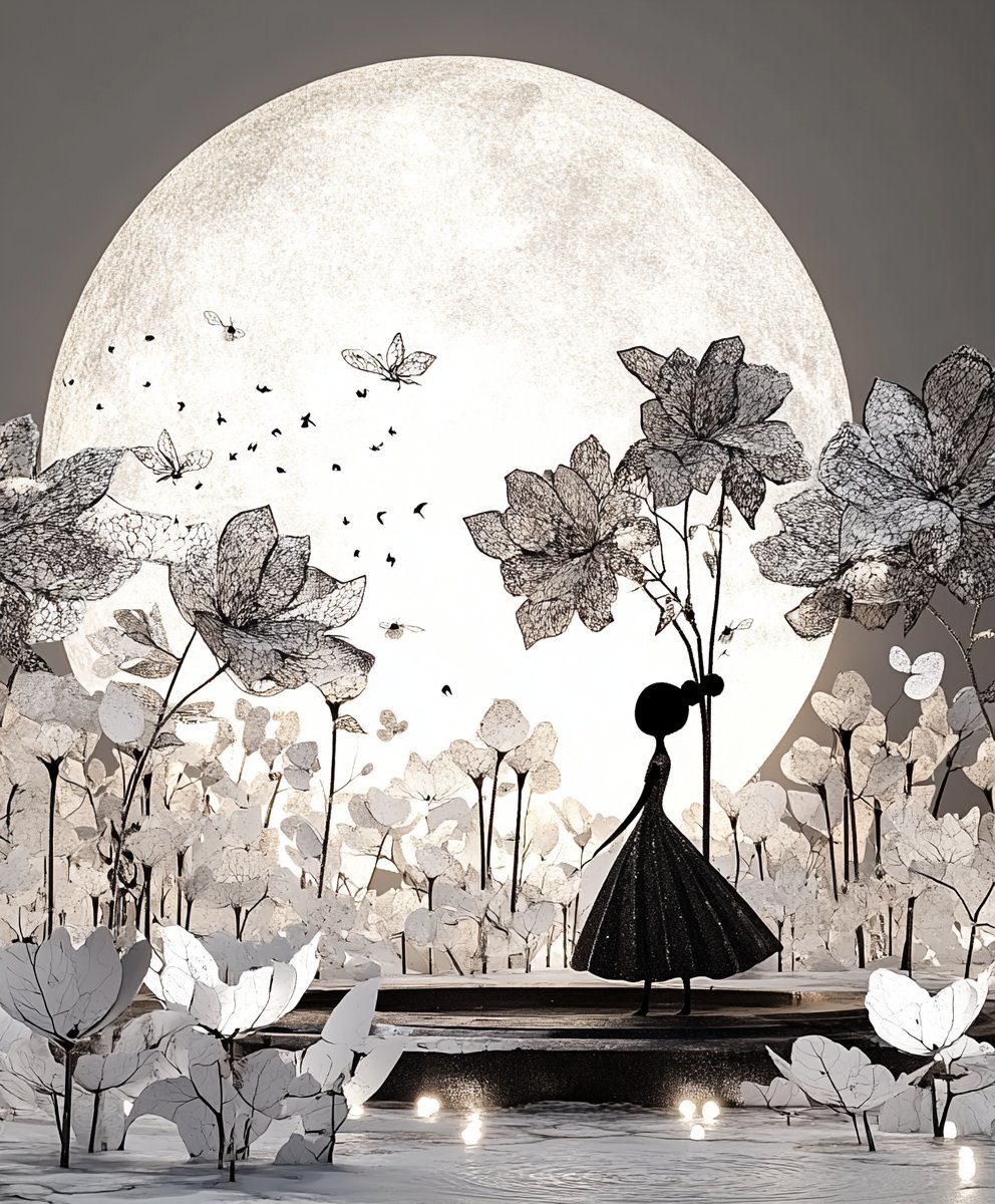 Enjoy your sunday evening and good night 🌙

Beneath the Immense Moon

She glides among the flowers, brushing their petals with her fingertips, as if to awaken a dream lingering in the air. The atmosphere shimmers with a delicate glow, and each fluttering wing carries away a
