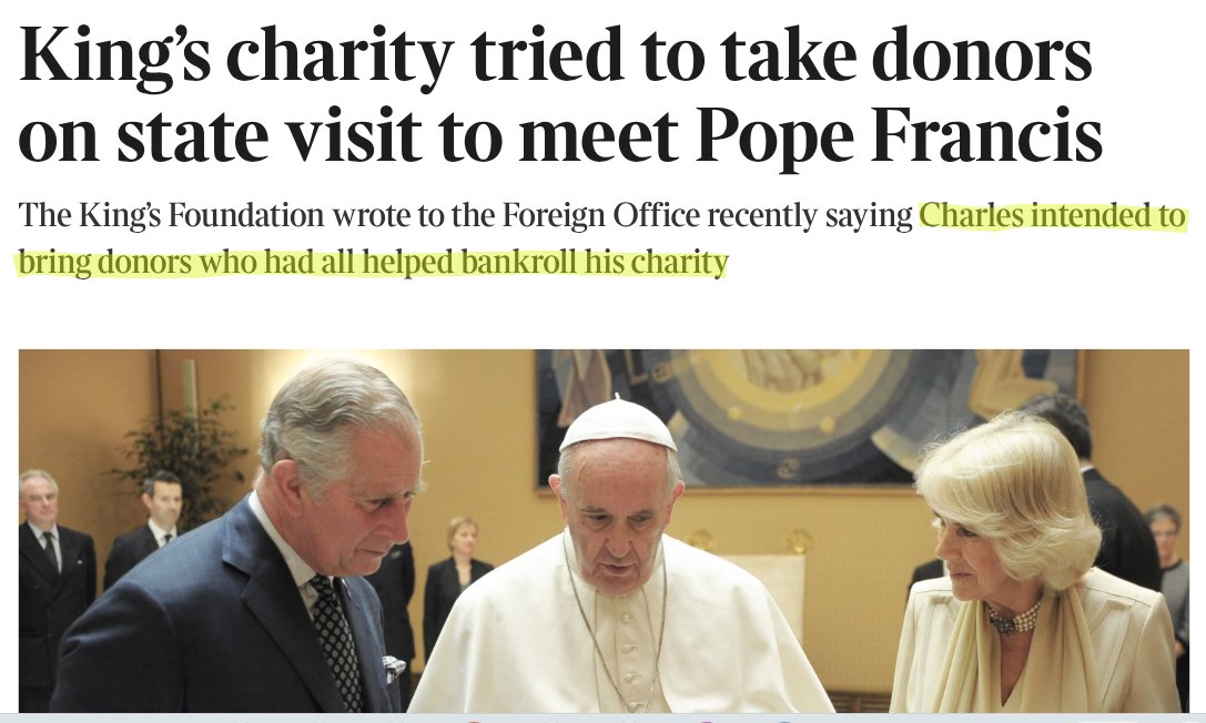 nomoremonarchs's tweet photo. Selling royal access!

Corrupt 'king' Charles Windsor planned to reward rich donors with access to himself &amp; Pope Francis during an official trip.

The donors had given to a "charity, which looks after [Windsor's] private residences".

Abuse of power!

#RoyalCorruption #NotMyKing https://t.co/ScS94tyXHr