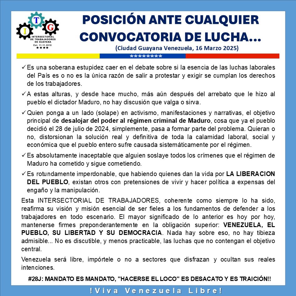 ITGuayana's tweet photo. #ITGuayana | El mandato del pueblo del #28J hasta tanto no se cumpla, es centro de cualquier protesta que en el país ocurra, "hacerse el loco" es traición.
 La lucha y protesta en la calle debe ser por una  Venezuela libre y democratica 🇻🇪👏 @MariaCorinaYA @EdmundoGU https://t.co/Wh6CTL8KvP