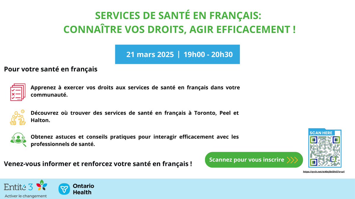 📍Événement en ligne – Gratuit
 Scannez le QR code sur l’image pour vous inscrire

🎉 Participez aussi à notre Quiz-Bingo sur Facebook pour une de gagner une carte cadeau de $150, 100, 50 ou 25!

#SantéEnFrançais #AccèsÀLaSanté #Francophonie #OntarioHealth