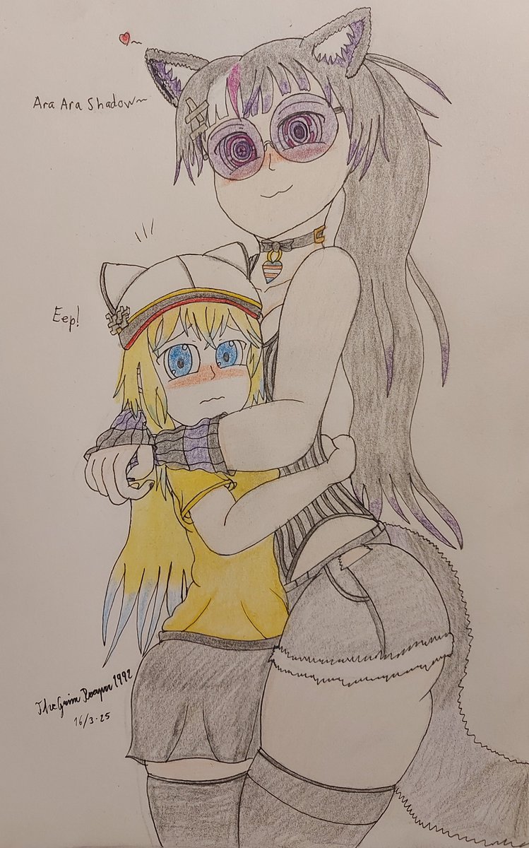 New Fanart Drawing to <a href="/Ezumii_VR/">Ezumii</a> 💜

This was a idea that I had in mind. Ezu loves to give her friends hugs. 
But sometimes when she hugs me, she say her famous line to me. 
Witch makes me all flustered, but I cant escape the hug. ❤️