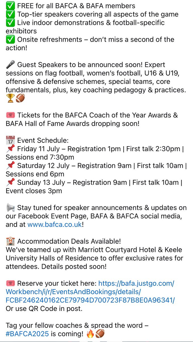 BAFCA Official (@bafcaofficial) on Twitter photo 🚨 WE ARE BACK! 🚨
🏈 The British American Football Coaches Association is gearing up for the 2025 National Coaching Convention at Keele University from 11-13 July 2025 – and YOU’RE INVITED! 🎟️🔥
Tag your fellow coaches & spread the word – #BAFCA2025 is coming! 🔥🏈 🚨 WE ARE BACK! 🚨
🏈 The British American Football Coaches Association is gearing up for the 2025 National Coaching Convention at Keele University from 11-13 July 2025 – and YOU’RE INVITED! 🎟️🔥
Tag your fellow coaches & spread the word – #BAFCA2025 is coming! 🔥🏈
