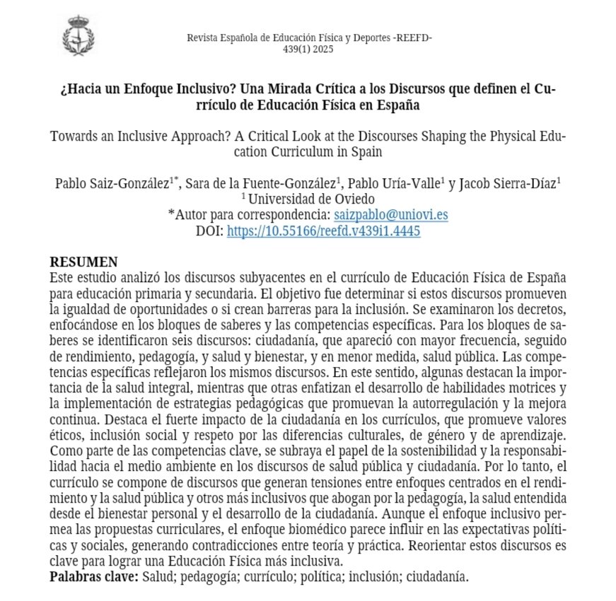 SaizGonzalezP's tweet photo. 📢 ¿Rendimiento, ciudadanía, salud o pedagogía? Nuestro estudio analiza los discursos en el currículo de EF en España, revelando tensiones entre enfoques biomédicos, salud pública, pedagogía y bienestar. Un debate clave para el futuro de la EF.

📎 https://t.co/zBl1XaXEJu https://t.co/KXfGopf5px
