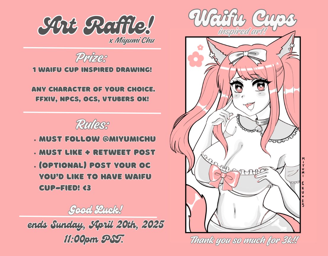 MiyumiChu's tweet photo. ✦🌸3k art raffle time !! 🌸✦🎉
 
🌸prize: 1 Waifu Cup inspired drawing! ♡

🌸rules: 
✦ must be following me 
✦ must like + retweet
✦ Post the character you’d like to have waifu cup-fied! 
(optional, i just want to see your ocs!) ♡

Ends April 20th, 2025, @ 11:00pm PST! ♡ https://t.co/0Z4mSzXROW