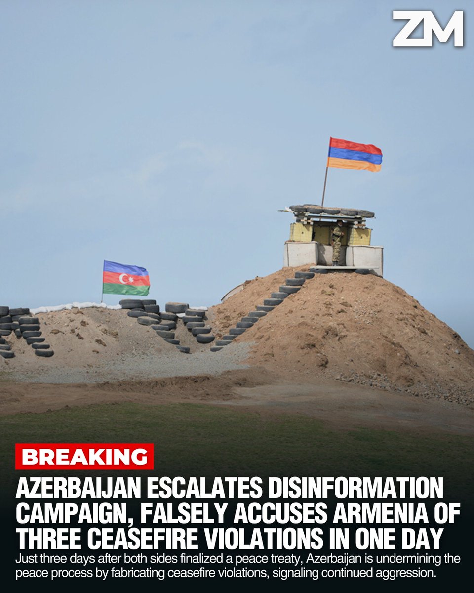 ZartonkMedia's tweet photo. BREAKING: Azerbaijan Escalates Disinformation Campaign, Falsely Accuses Armenia of Three Ceasefire Violations in One Day
➖➖➖
Azerbaijan’s Defense Ministry (MoD) has escalated its disinformation campaign, spreading three false claims today, on March 16, alleging that Armenian Armed Forces opened fire on Azerbaijani positions along the southeastern border—claims that Armenia’s Defense Ministry has categorically denied as entirely false.

Azerbaijan’s MoD claims the alleged incidents occurred on March 16 at 9:45 a.m., 6:35 p.m., and between 8:10-8:45 p.m. However, Armenia’s MoD has categorically rejected these accusations, stating they do not correspond to reality.

Azerbaijan has repeatedly used disinformation to lay the groundwork for a false narrative, creating a pretext for potential aggression against Armenia by fabricating claims of ceasefire violations to justify its actions.

To note, the Office of the Prime Minister of Armenia has proposed the establishment of a joint Armenia-Azerbaijan mechanism for investigating ceasefire violations and related incidents. However, Azerbaijan has yet to respond to this initiative.

Just three days ago, on March 13, as previously reported, Armenia’s Foreign Ministry confirmed that peace treaty negotiations with Azerbaijan had been finalized. Armenia had formally accepted Azerbaijan’s proposals on the two outstanding articles of the draft Agreement on the Establishment of Peace and Interstate Relations and proposed issuing a joint statement to confirm the completion of negotiations. However, Baku chose to issue a unilateral statement instead. Armenia also announced its readiness to sign the agreement and begin consultations with Azerbaijan on the date and location for the signing.

Azerbaijani Foreign Minister Jeyhun Bayramov publicly acknowledged the finalization of the treaty, stating that the remaining issues had been resolved and that the agreement was ready.

Given this, today’s false accusations by Azerbaijan’s MoD directly contradict the peace process and raise questions about Baku’s intentions just days after both sides finalized negotiations.
