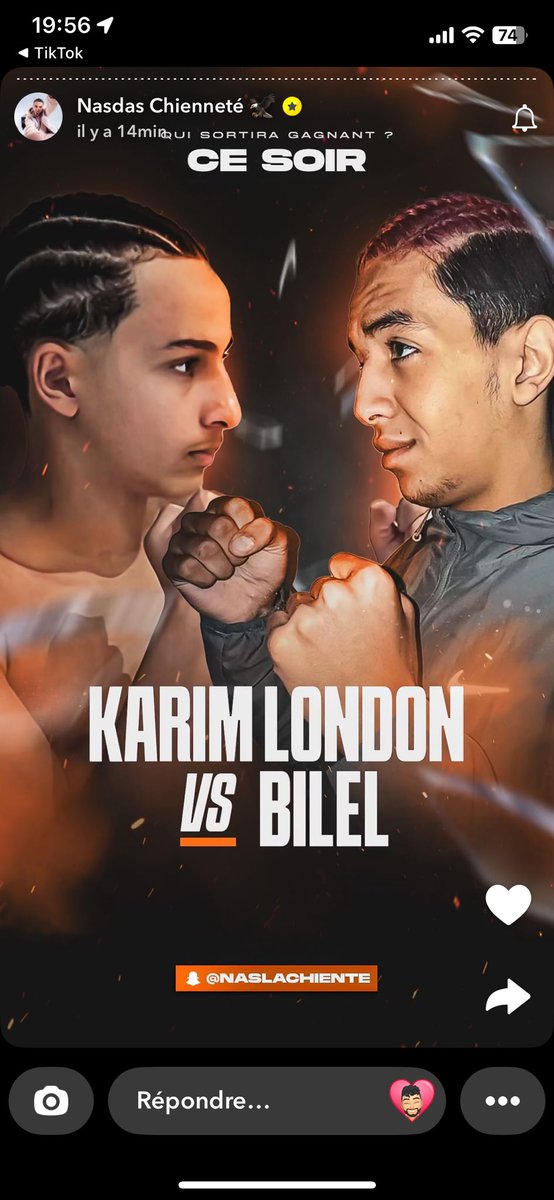 max_ferstappen's tweet photo. Le combat de boxe de Karim london vs Bilel c’est ce soir !
Vos pronostics ?
#nasdas #teamnasdas #snapchat https://t.co/kZFmtURCik