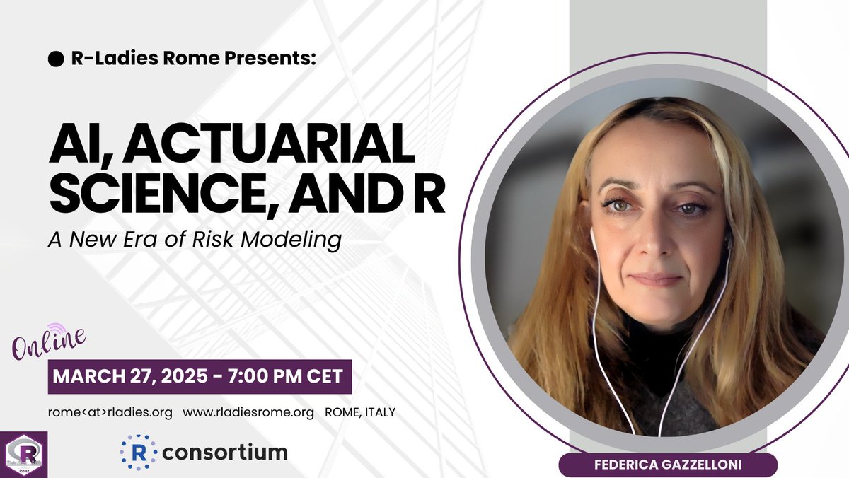 R-Ladies Rome (@rladiesrome) on Twitter photo AI is transforming actuarial science, and R plays a crucial role in modern risk modeling. 
Join R-Ladies Rome on
📆 March 27, 2025 - 7PM CET   
🎤 Speaker: Federica Gazzelloni   
RSVP: meetup.com/rladies-rome/e…
#ai #rladies #actuarial #datascience AI is transforming actuarial science, and R plays a crucial role in modern risk modeling. 
Join R-Ladies Rome on
📆 March 27, 2025 - 7PM CET   
🎤 Speaker: Federica Gazzelloni   
RSVP: meetup.com/rladies-rome/e…
#ai #rladies #actuarial #datascience
