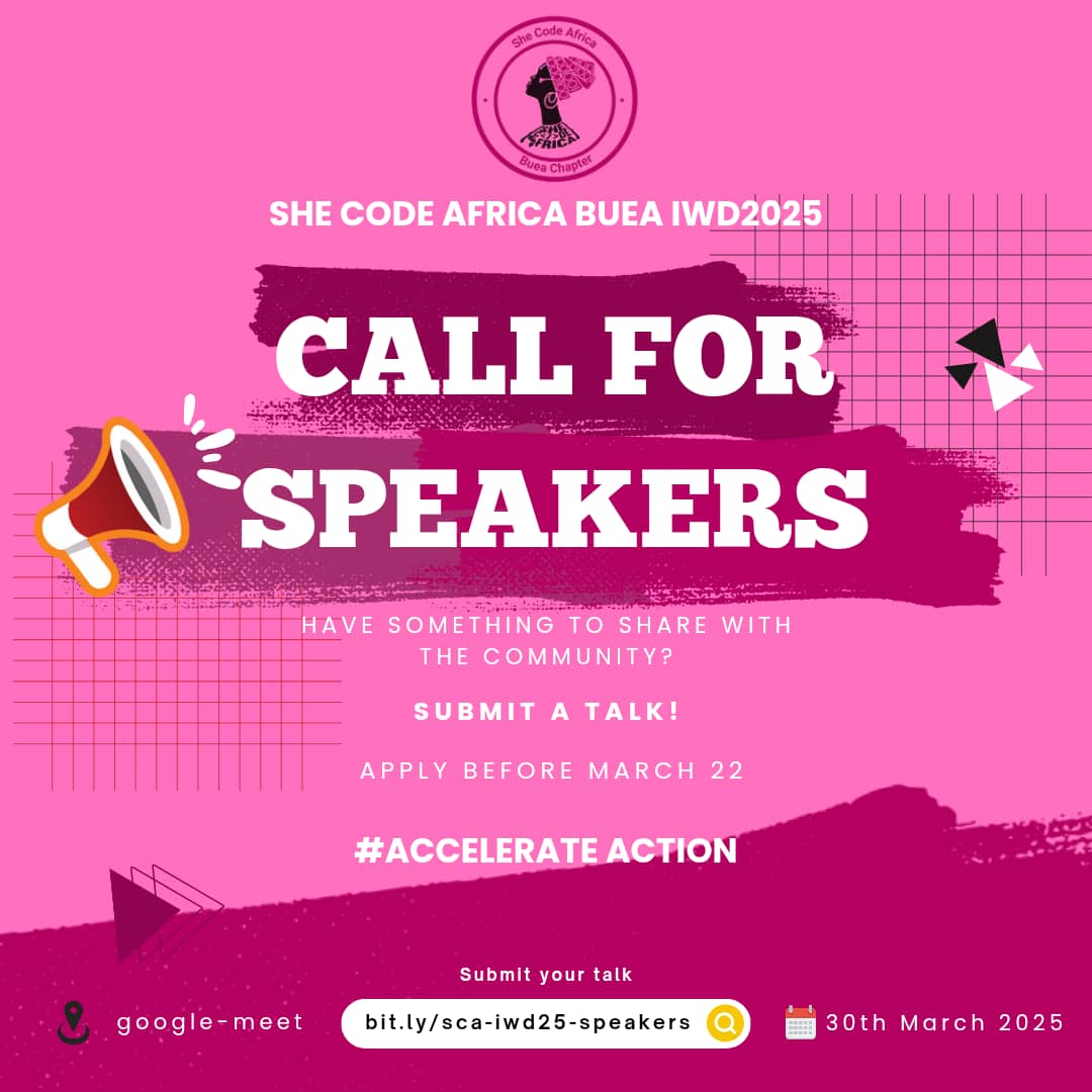 CALL FOR SPEAKERS – She Code Africa Buea IWD 2025! 🎤

Do you have insights, experiences, or knowledge to share with the community? 

📩 Sign up here: bit.ly/sca-iwd25-spea…

Join our WhatsApp community: chat.whatsapp.com/LXaMwLrPYjG3bt…

#SheCodeAfrica 
#IWD2025 
#SCAIWD2025
<a href="/Kolokodess/">Ada Nduka Oyom</a>