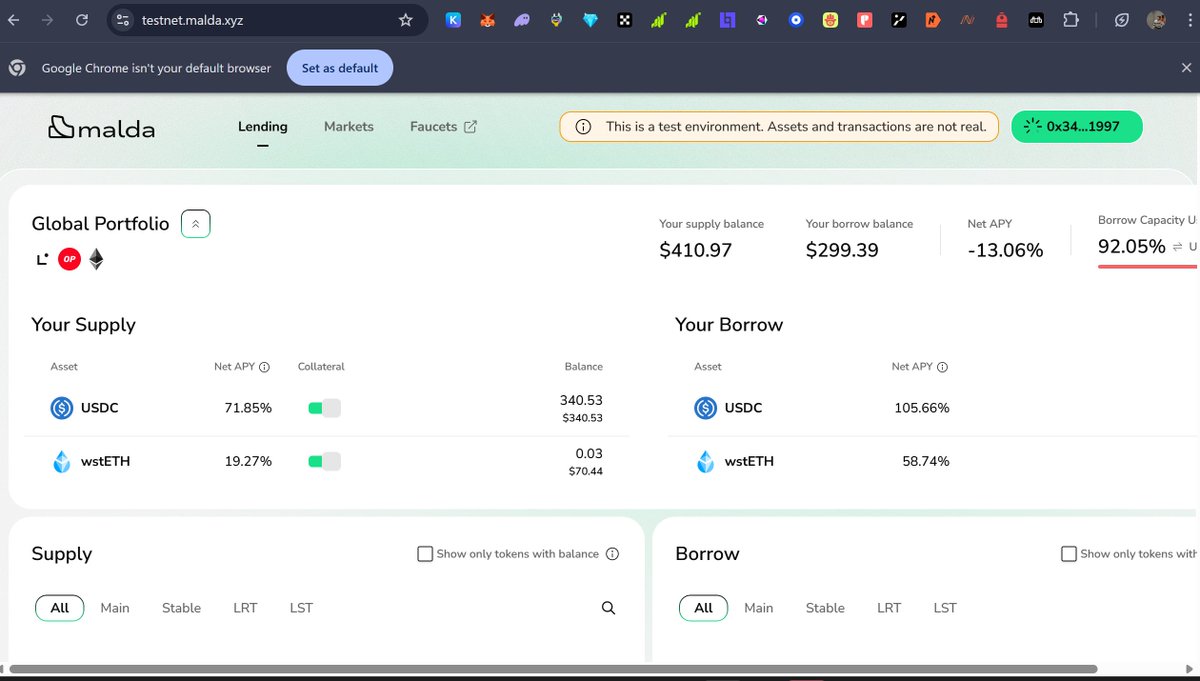 ankeet Reddio (@ankeet97446471) on Twitter photo All Functions Are working smooth .Exploring the Malda test Program! Love the clean gui and best APYs—72.08% for USDC supply and 105.82% for borrowing. The zkProofs securing transactions are a game-changer! Can't wait to see this in action on Sepolia. #DeFi #Malda
<a href="/malda_xyz/">Malda (prev. Mendi Finance)</a> All Functions Are working smooth .Exploring the Malda test Program! Love the clean gui and best APYs—72.08% for USDC supply and 105.82% for borrowing. The zkProofs securing transactions are a game-changer! Can't wait to see this in action on Sepolia. #DeFi #Malda
<a href="/malda_xyz/">Malda (prev. Mendi Finance)</a>