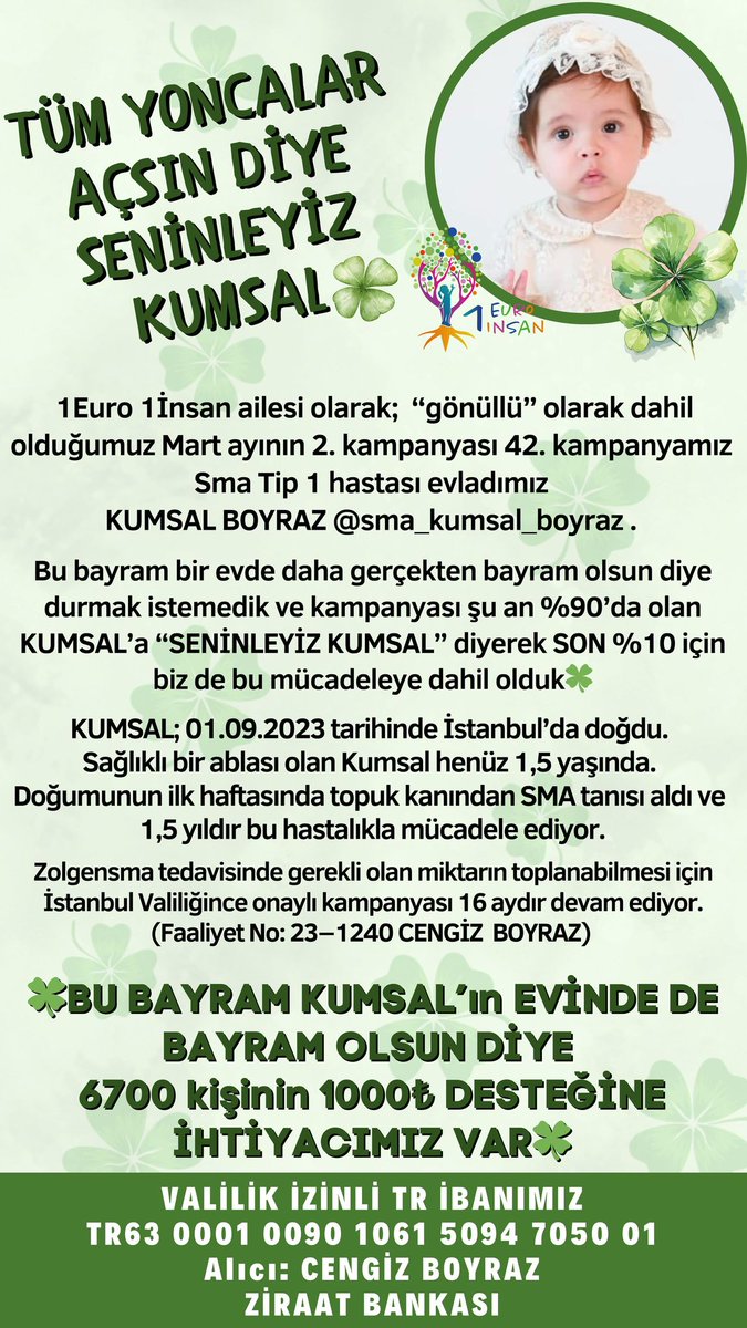 1euro1insann's tweet photo. TÜM YONCALAR AÇSIN DİYE SENİNLEYİZ KUMSAL🍀

1Euro 1İnsan ailesi olarak;  “gönüllü” olarak dahil olduğumuz Mart ayının 2. kampanyası 42. kampanyamız 
Sma Tip 1 hastası evladımız 
KUMSAL BOYRAZ @smakumsalboyraz . 

Bu bayram bir evde daha gerçekten bayram olsun diye durmak istemedik ve kampanyası şu an %90’da olan KUMSAL’a “SENİNLEYİZ KUMSAL” diyerek SON %10 için biz de bu mücadeleye dahil olduk🍀

42. KAMPANYAMIZ HESAP BİLGİLERİ                    
📌 VALİLİK İZİNLİ TR İBANIMIZ
‌ TR63 0001 0090 1061 5094 7050 01
Alıcı: CENGİZ BOYRAZ
ZİRAAT BANKASI

📌VALİLİK İZİNLİ DOLAR / EURO İBANIMIZ
‌USD IBAN : TR36 0001 0090 1061 5094 7050 02
EUR IBAN : TR09 0001 0090 1061 5094 7050 03
‌‌‌ZİRAAT BANKASI
‌ALICI : CENGİZ BOYRAZ
‌ SWIFT KODU: TCZBTR2A