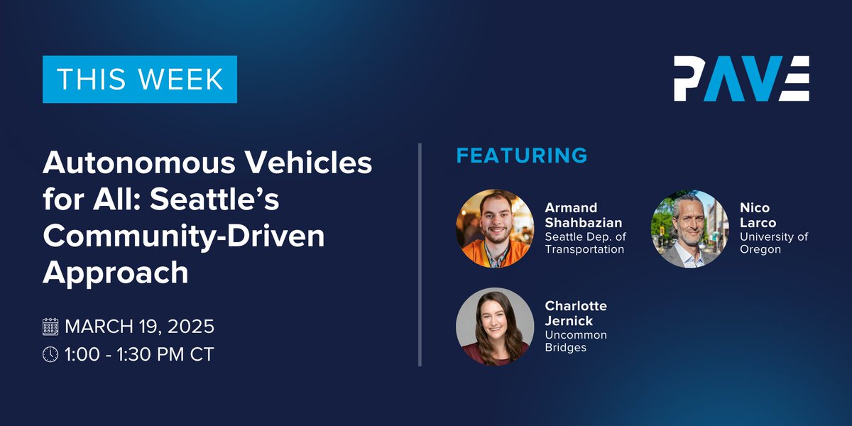 Partners for Automated Vehicle Education (@pavecampaign) on Twitter photo Tune in this Wednesday to learn about Seattle's Autonomous Vehicle Inclusive Planning Cohort (AVIPC) featuring panelists from <a href="/seattledot/">Seattle Department of Transportation</a>, Uncommon Bridges, and the University of Oregon. Save your seat here: us02web.zoom.us/webinar/regist⦠Tune in this Wednesday to learn about Seattle's Autonomous Vehicle Inclusive Planning Cohort (AVIPC) featuring panelists from <a href="/seattledot/">Seattle Department of Transportation</a>, Uncommon Bridges, and the University of Oregon. Save your seat here: us02web.zoom.us/webinar/registā¦