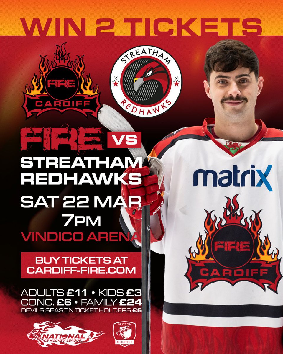 CardiffFireIHC's tweet image. ✨🎟️ 𝗪𝗜𝗡 𝗜𝗖𝗘 𝗛𝗢𝗖𝗞𝗘𝗬 𝗧𝗜𝗖𝗞𝗘𝗧𝗦 🎟️✨

𝗟𝗶𝗸𝗲 + 𝗥𝗲𝗽𝗼𝘀𝘁 this for your chance to win 2⃣ tickets to Fire's next home game on Sat 22nd March at the Vindico Arena 🔥🏒

Comp closes 12pm on Fri 21st. T&amp;amp;Cs below. Good luck 🤞

Buy tickets 👉 bit.ly/Fire-Tickets