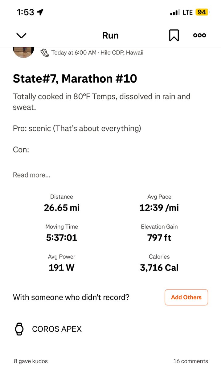 7th state and overall 10th marathon. But I sucked. But did not give up. Tough weather and course.