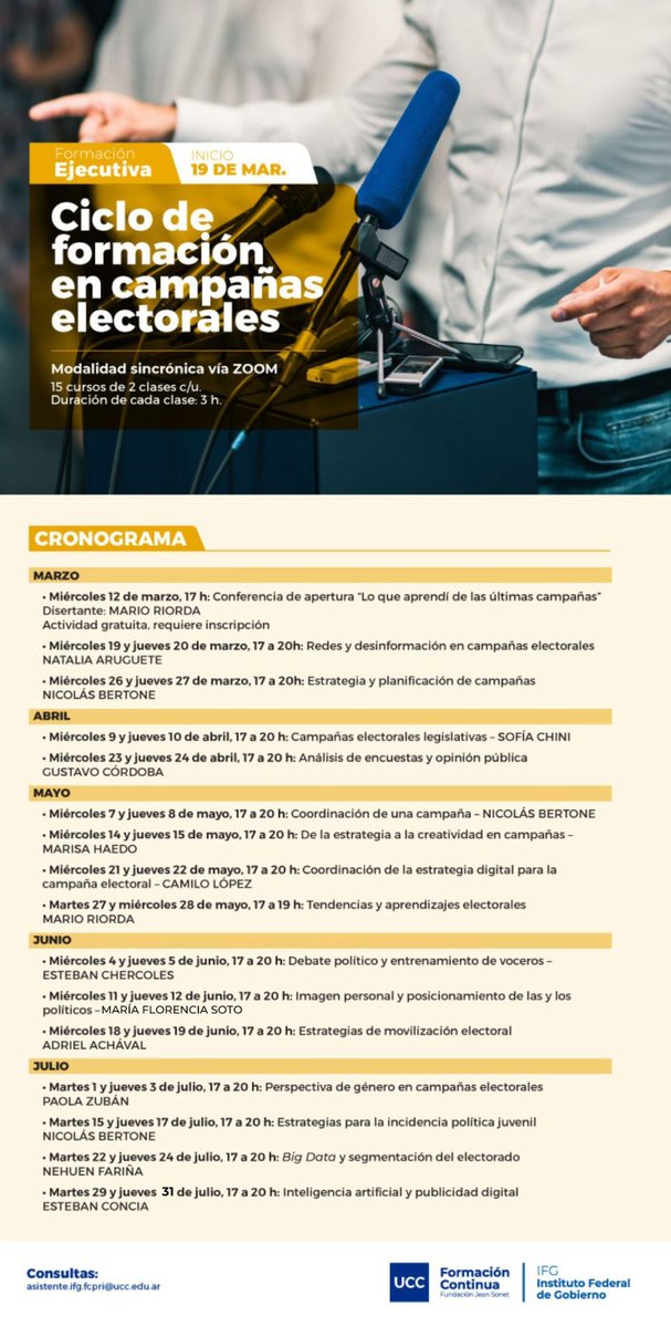 📣Comenzamos el Ciclo de formación en campañas electorales. 

Son 15 cursos diseñados para la profesionalización de cada uno de los roles que componen un equipo de campaña. 

💻 Información e inscripción: fjs.ucc.edu.ar/ciclo-de-forma…

ℹ Consultas: asistente.ifg.fcpri@ucc.edu.ar
